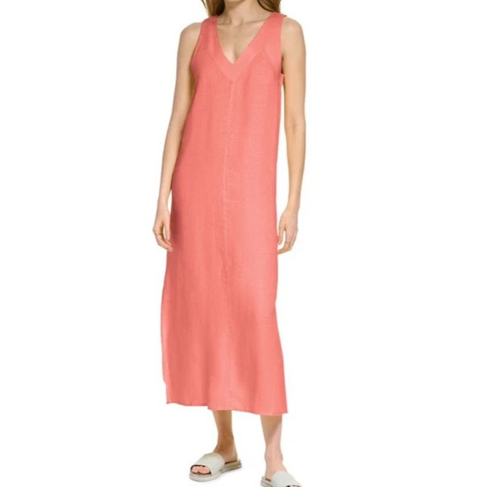 NWT DKNY Womens Linen Maxi Dress Size XS Pink Sleeveless V-Neck Flowy Summer